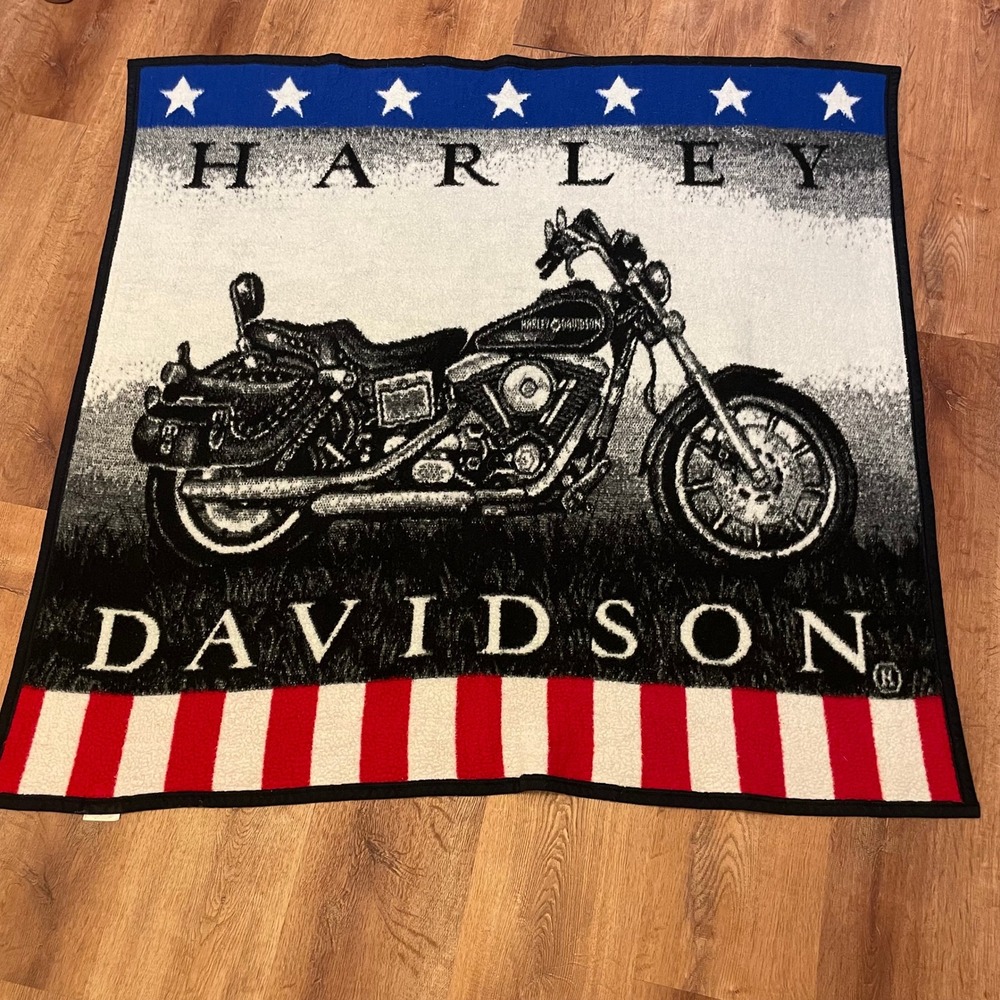 Harley Davidson Biederlack Blanket Vintage American Flag Motorcycle Throw 48x50